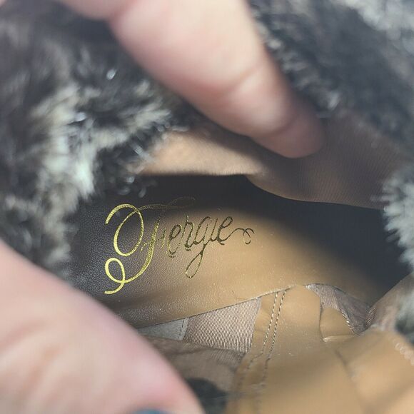 Fergie Tan Brown Suede And Fur Wedge Ankle Boots 7M Booties Side Zip Eskimo - Picture 7 of 7